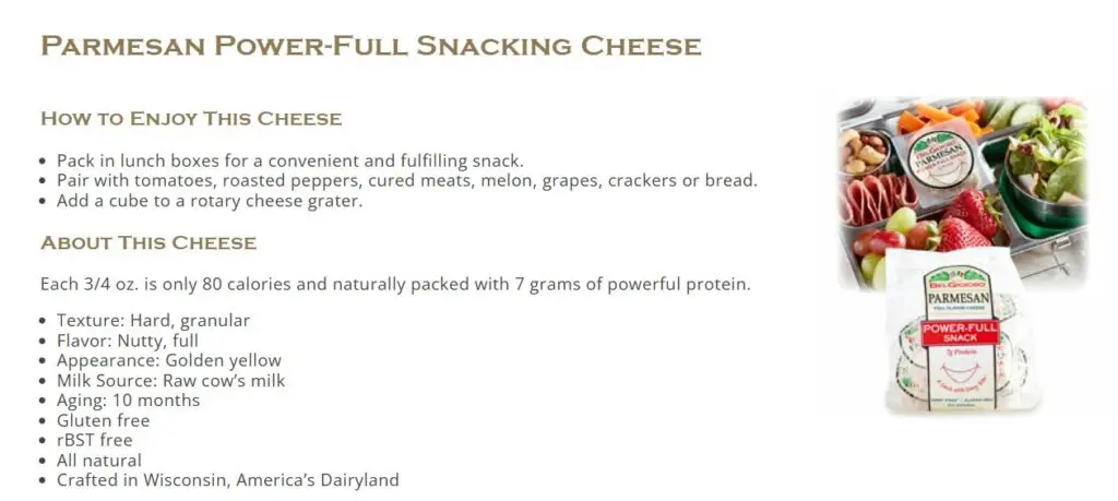 Screenshot from BelGioioso's website where they market their Parmesan Power-Full Snack as a convenient lunch box staple.