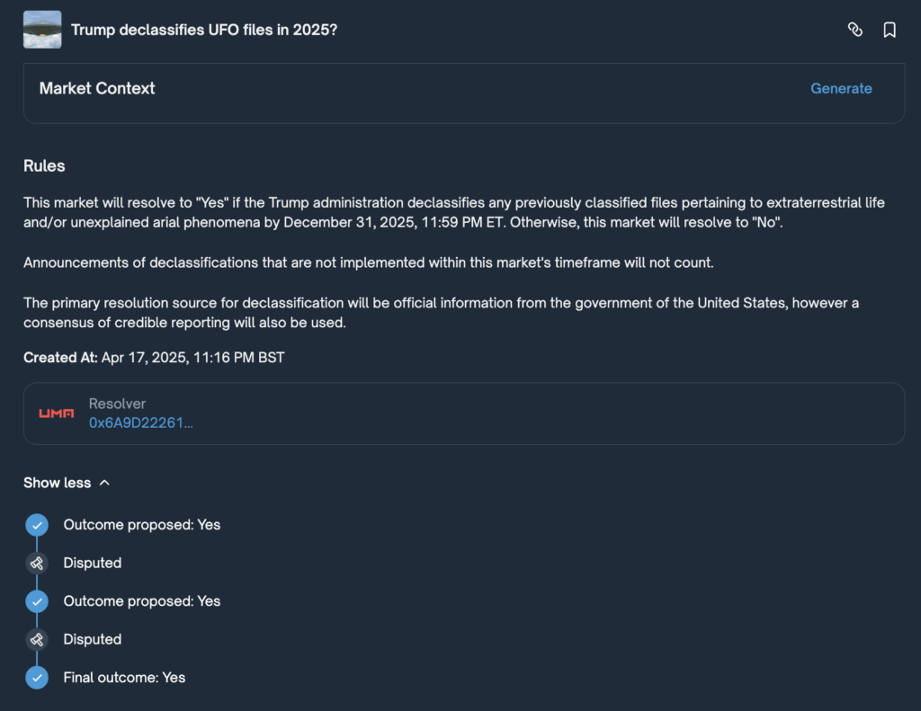 Polymarket UFO market rules and dispute