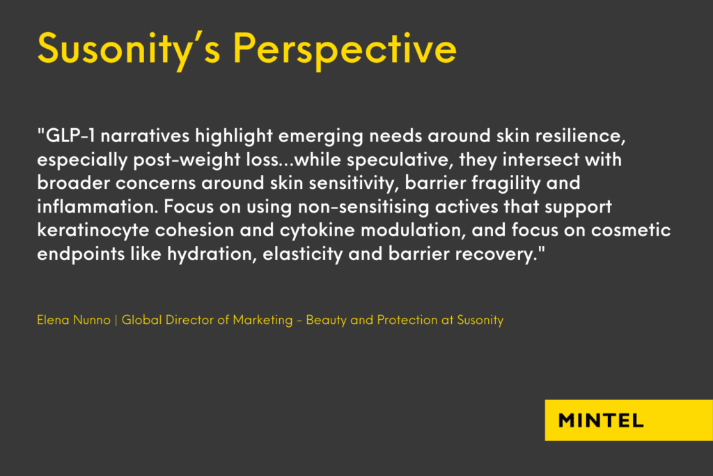 Susonity shares its perspective with Mintel on how BPC brands can improve the skinification of suncare. In this infographic, they discuss the emerging need for skin resilience driven by GLP-1 use. 